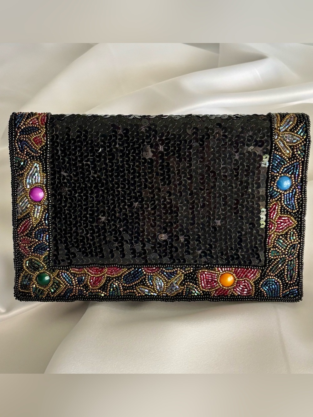 Vintage La Regale Black Sequin Beaded Evening Bag Crossbody Clutch
